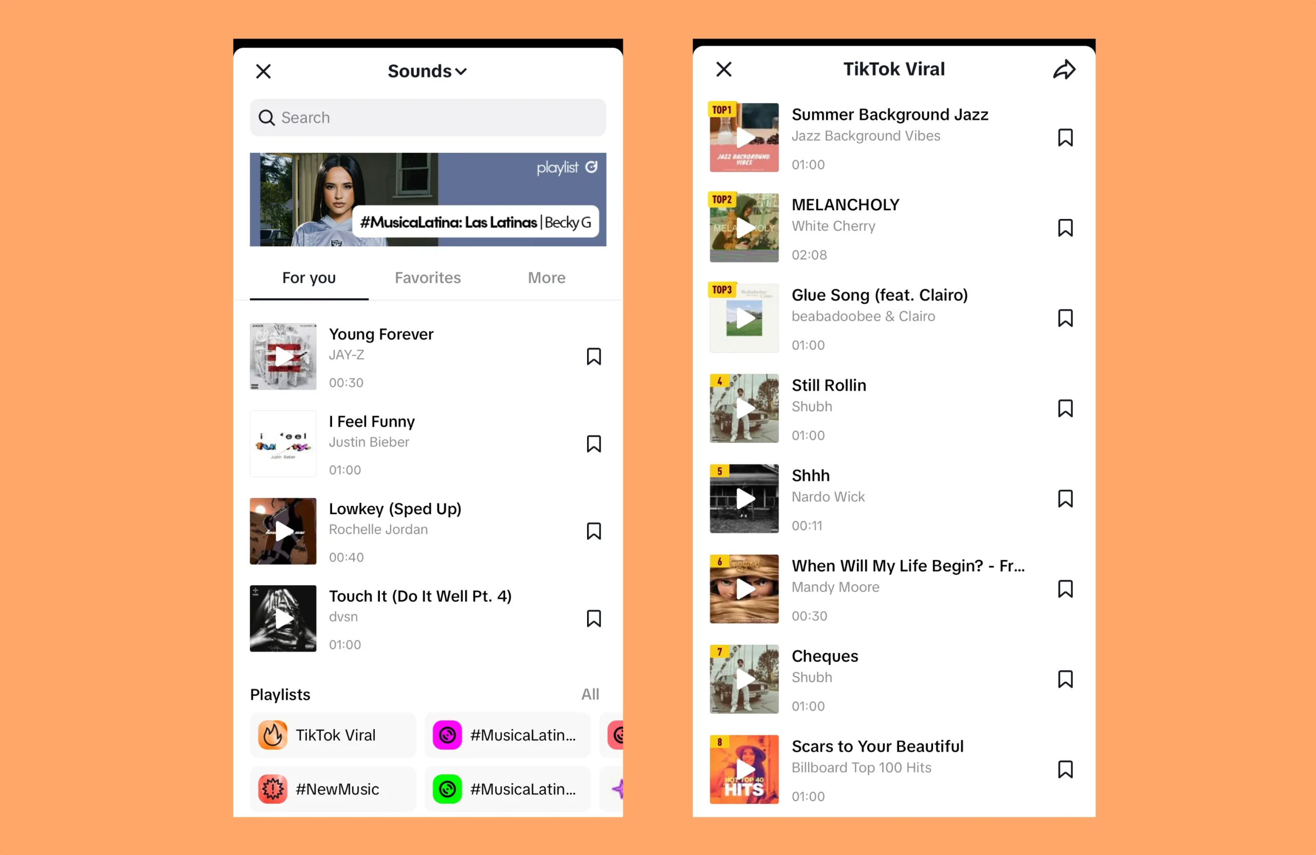 Un panel lado a lado que muestra los sonidos de TikTok en el móvil