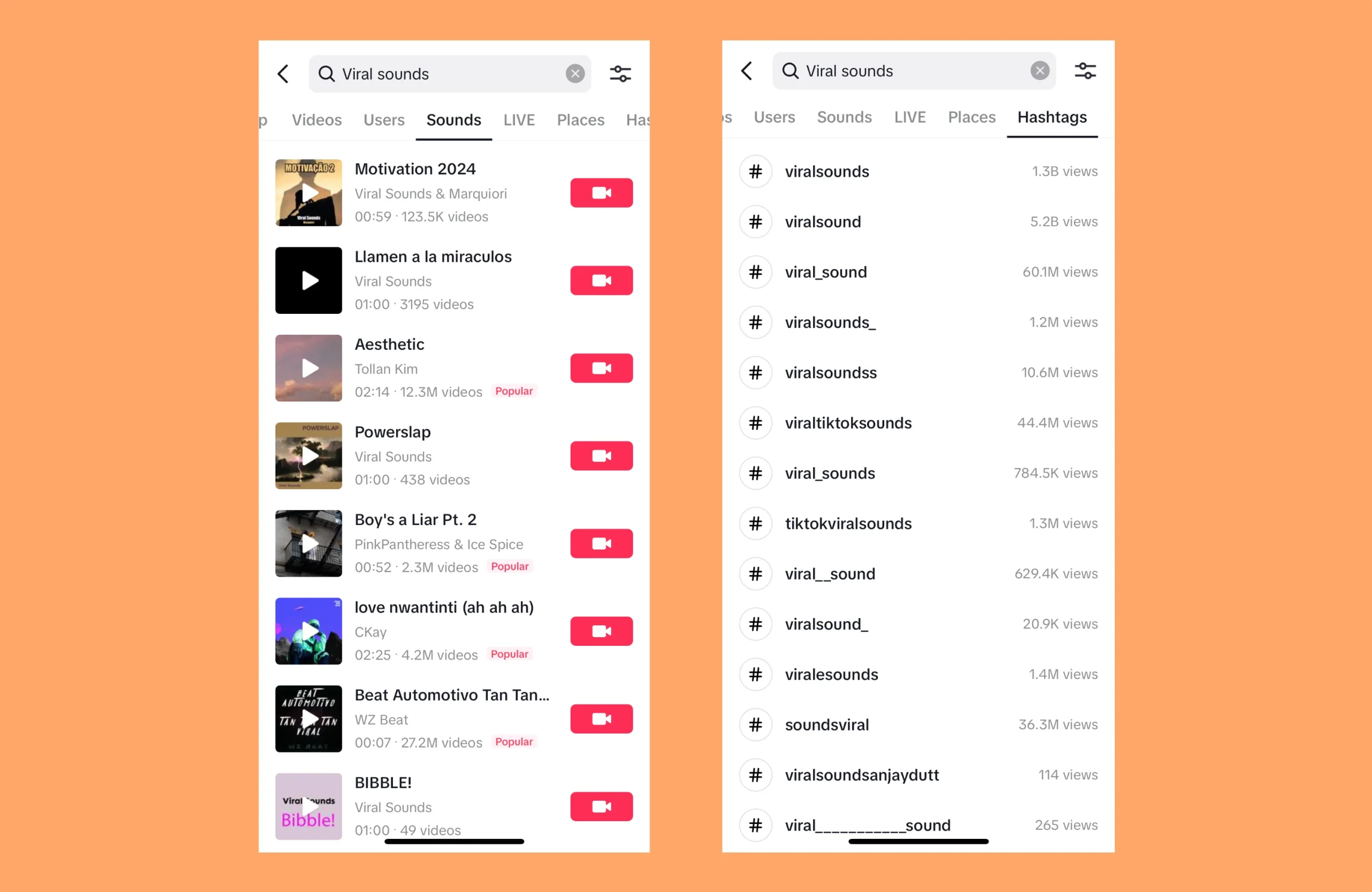 Un panel lado a lado que muestra los sonidos de TikTok en el móvil