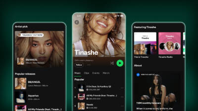 Perfil de artista en Spotify con botón de seguir y oyentes mensuales
